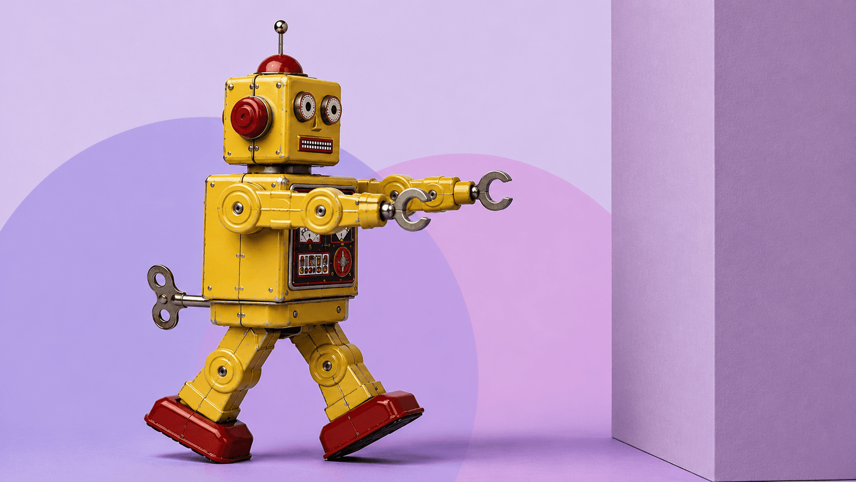 Toy robot walking toward a wall