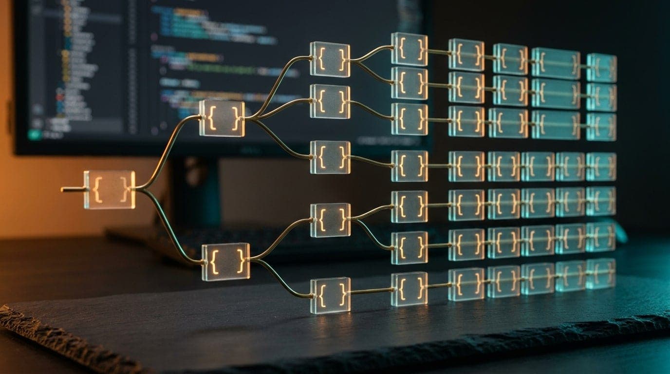 A glass-and-brass branching tree of nested nodes resolving into a neat grid of records, with a blurred developer monitor behind.