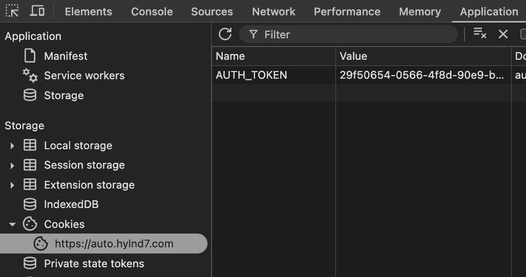 Chrome developer tools shows the cookies stored